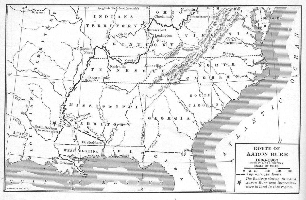 Map illustrates former US Vice President Aaron Burr's approximate route during his trip down the Mississippi River in what became known as the Burr conspiracy in 1806-1807, late nineteenth century.