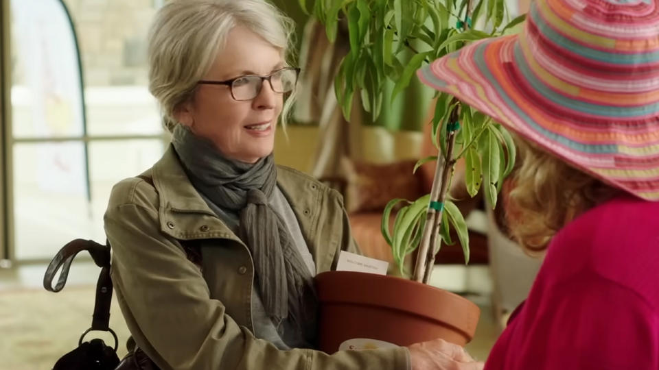 Diane Keaton holding a potted plant in POMS