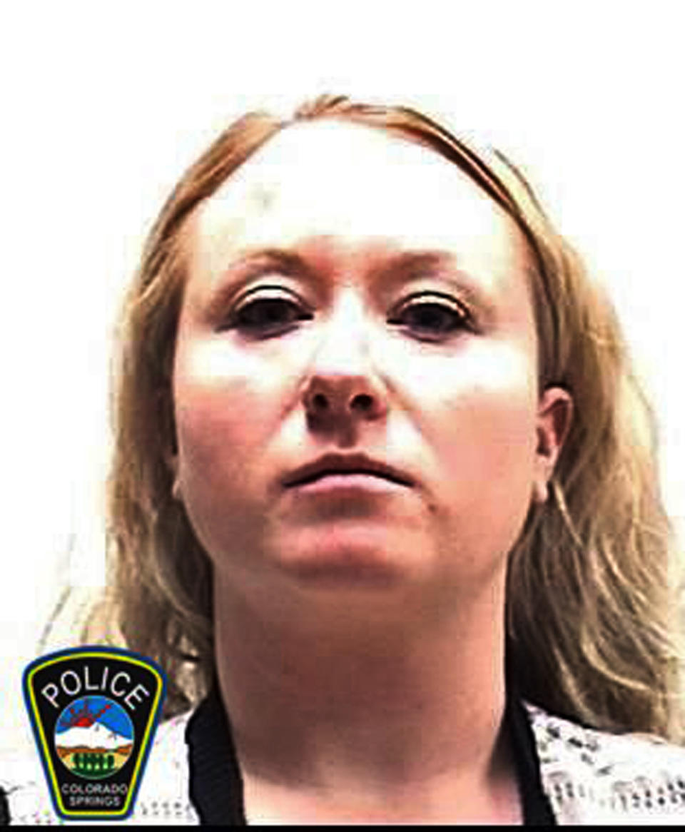 FILE - This undated file booking photo provided by the Colorado Springs Police Department shows Krystal Jean Lee Kenney, who pleaded guilty to tampering with evidence in the disappearance of Kelsey Berreth. Kenney testified for a second day on Thursday, Nov. 7, 2019, in the trial of Patrick Frazee, who is charged with murder in the death of Berreth, his fiancee. (Colorado Springs Police Department via AP, File)