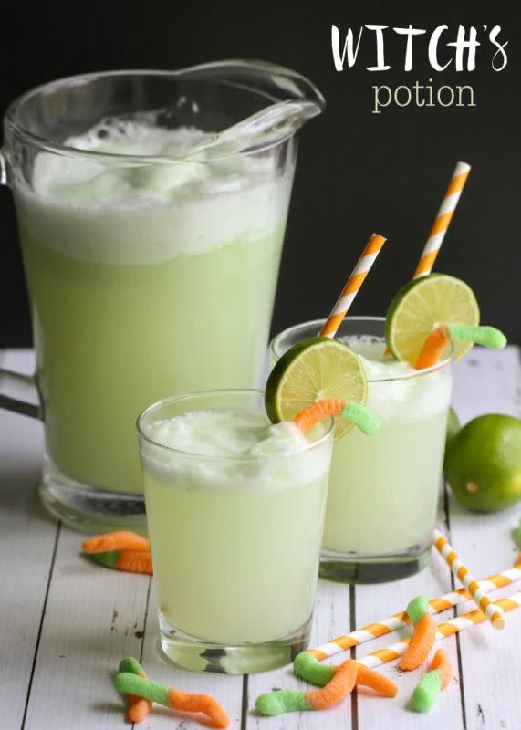 <p>Lil' Luna</p><p>A chilled lime and pineapple mixture that is bubbly and perfect for your next Halloween party!</p><p><strong>Get the recipe: <a href="https://lilluna.com/witchs-potion-drink/" rel="nofollow noopener" target="_blank" data-ylk="slk:Witches' Potion;elm:context_link;itc:0;sec:content-canvas" class="link rapid-noclick-resp"><em>Witches' Potion</em></a></strong></p>