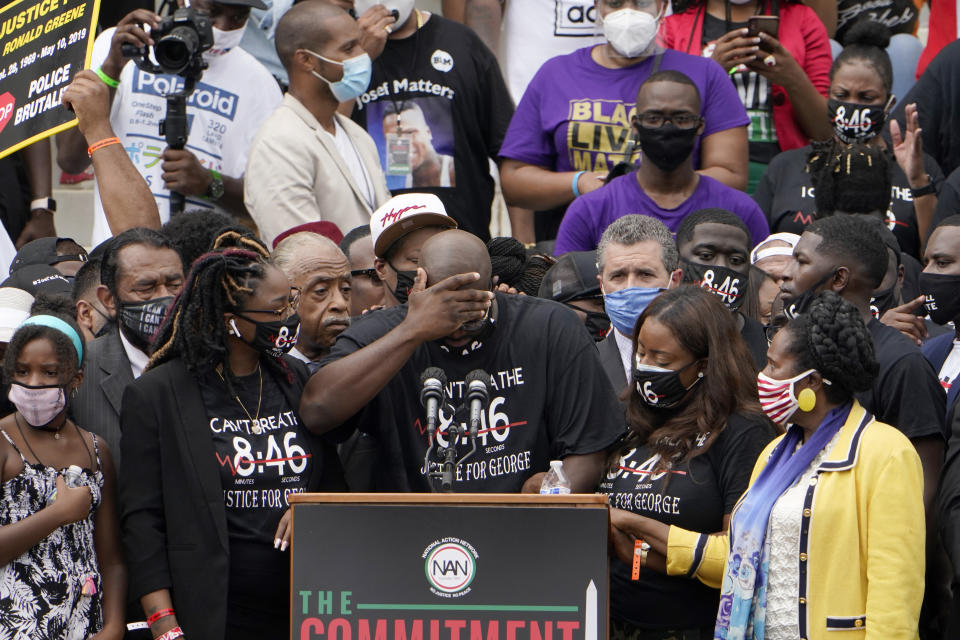 FILE - Philonise Floyd, brother of George Floyd, speaks at the March on Washington, Friday Aug. 28, 2020, at the Lincoln Memorial in Washington. (AP Photo/Jacquelyn Martin, Pool, File)