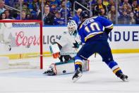 May 21, 2019; St. Louis, MO, USA; St. Louis Blues center Brayden Schenn (10) shoots against San Jose Sharks goaltender Martin Jones (31) during the second period in game six of the Western Conference Final of the 2019 Stanley Cup Playoffs at Enterprise Center. Mandatory Credit: Jeff Curry-USA TODAY Sports