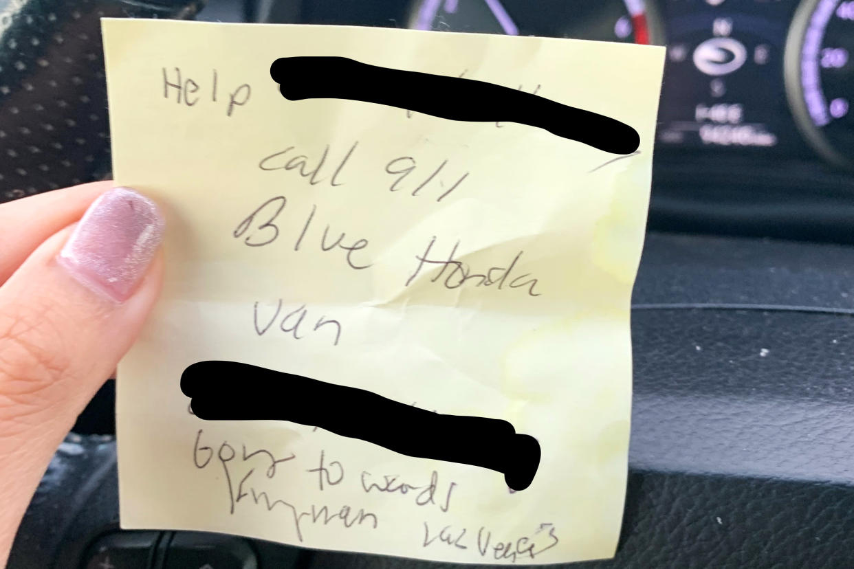 The note a gas station customer received from a woman who had been abducted out of the Phoenix area. (Yavapai County Sheriff’s Office)