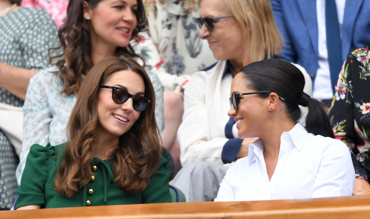 Middleton wearing her Ray-Ban polarized Wayfarers at Wimbledon with Meghan, Duchess of Sussex. (Photo by Karwai Tang/Getty Images)