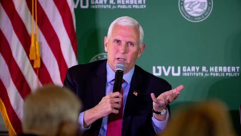 Former Vice President Mike Pence speaks at an event at the Zions Bank Building in Salt Lake City on April 28, 2023. Pence has dropped his bid for the 2024 Republican presidential nomination.