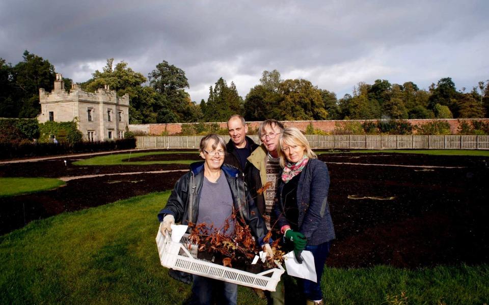 Angel Collins, far right, at Floors Castle in Scotland, where she created the Tapestry Garden with fellow gardeners Jim and Sarah Marshall (left and second from the right). At the back is Head Gardener, Andrew Simmonds - Angel Collins