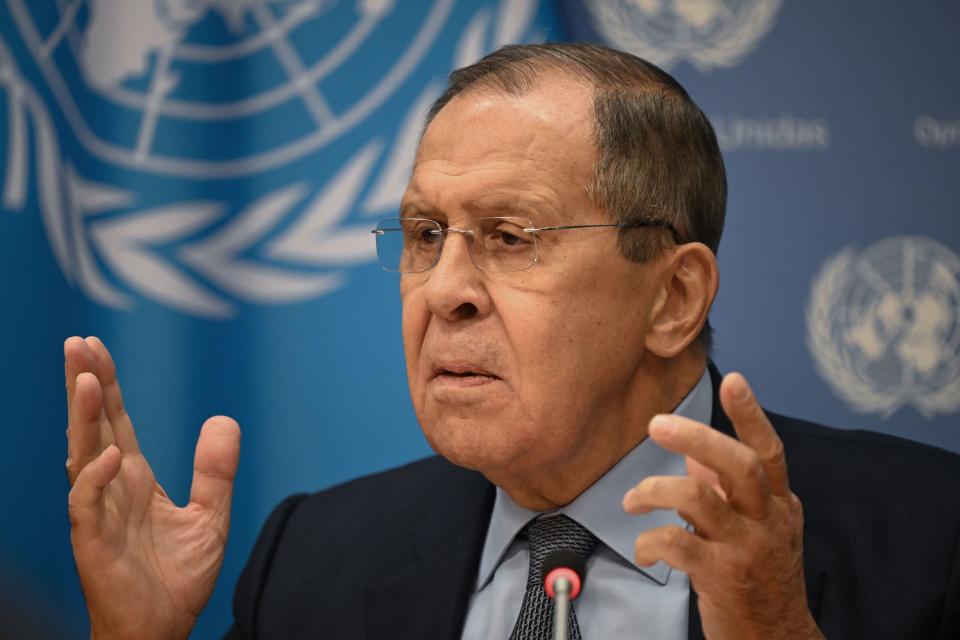 Russian Foreign Minister Sergei Lavrov speaks to the press after addressing the 77th session of the United Nations General Assembly at UN headquarters in New York City on September 24, 2022. - Lavrov bitterly criticized Western nations Saturday for their 