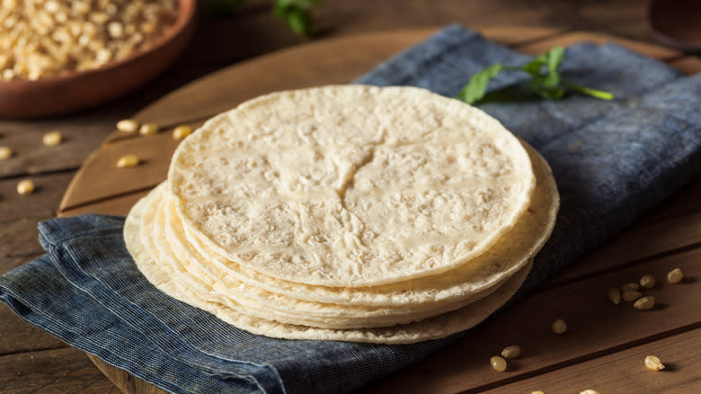 Stack of homemade corn tortillas