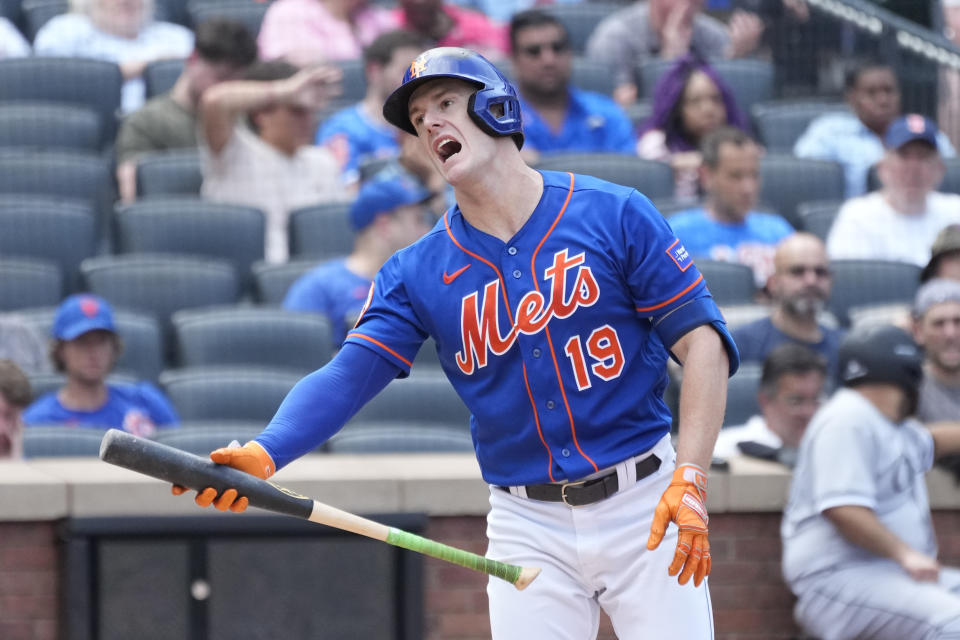 New York Mets' Mark Canha reacts after striking out during the fifth inning of a baseball game against the Chicago White Sox, Thursday, July 20, 2023, in New York. (AP Photo/Mary Altaffer)
