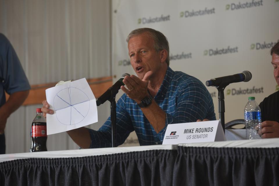 Sen. John Thune, R-SD, talks about government spending on a panel discussion about the 2023 farm bill during Dakotafest in Mitchell on Wednesday, Aug. 16, 2023.