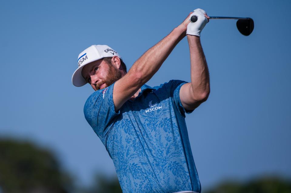 Chris Kirk tees off at the 11th hole during the final round of the Honda Classic at PGA National Resort & Spa on Sunday, February 26, 2023, in Palm Beach Gardens, FL.