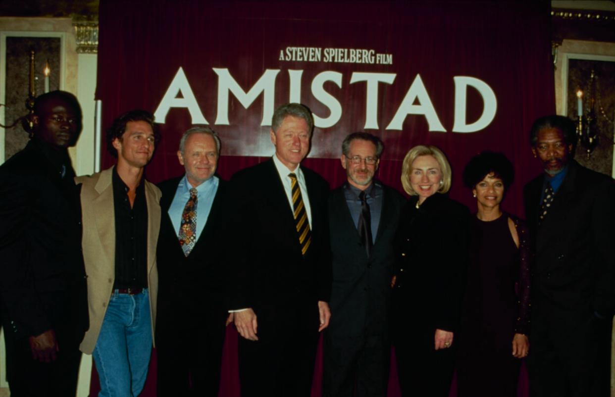 Djimon Hounsou, Matthew McConaughey, Anthony Hopkins, Bill Clinton, Steven Spielberg, Hillary Clinton, Allen and Morgan Freeman at an "Amistad" screening in 1997. (Photo: Time & Life Pictures via Getty Images)