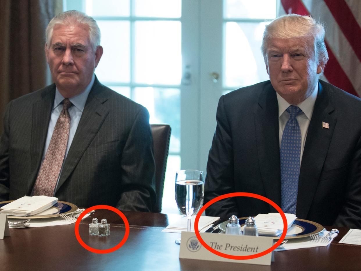 President Donald Trump and Secretary of State Rex Tillerson attend working lunch. Note the salt and pepper discrepancy.