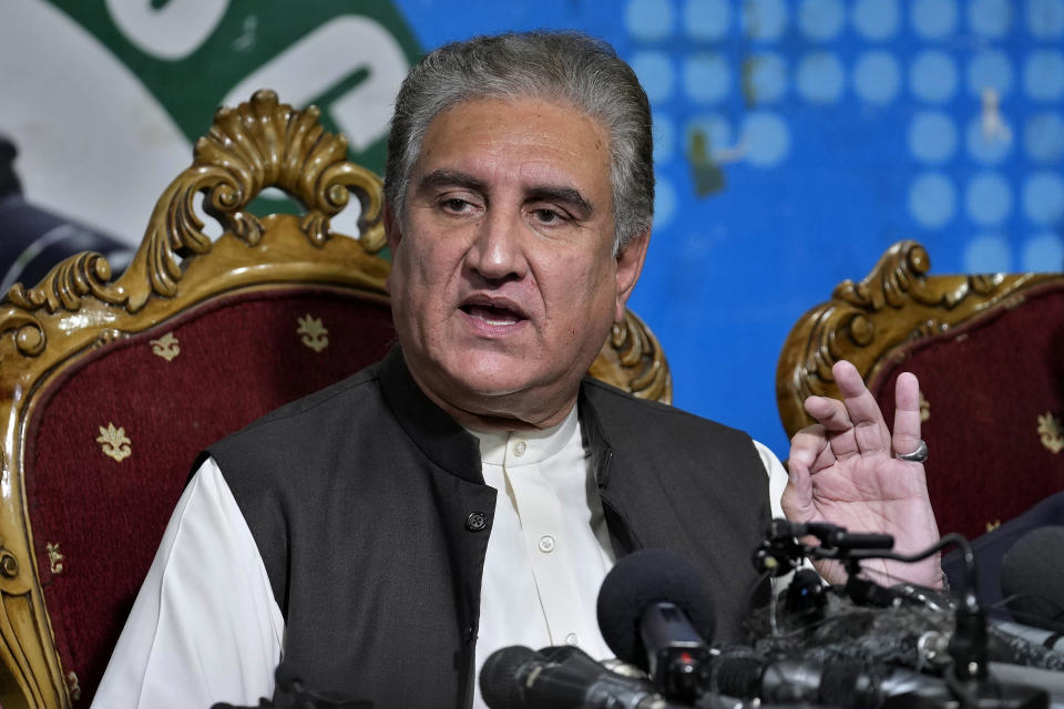 Shah Mahmood Qureshi, a top leader of Pakistan's former Prime Minister Imran Khan's 'Pakistan Tehreek-e-Insaf' party, gives a press conference regarding Khan's arrest and his cases in Islamabad, Pakistan, Monday, Aug. 7, 2023. Khan is now an inmate at a high-security prison after being convicted of corruption and sentenced to three years. (AP Photo/Anjum Naveed)