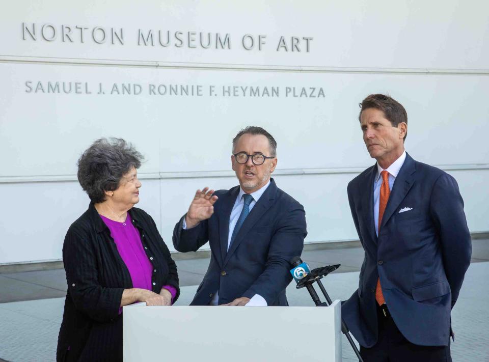 Norton Museum Director and CEO Ghislain d’Humières speaks Friday during a press conference in which U.S. Rep. Lois Frankel announced that the institution had received $750,000 in federal funds. At right is Norton board chairman, Bruce Gendelman.