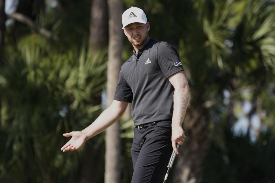 Daniel Berger reacts to his shot on the eighth green during the final round of the Honda Classic golf tournament, Sunday, Feb. 27, 2022, in Palm Beach Gardens, Fla. (AP Photo/Marta Lavandier)