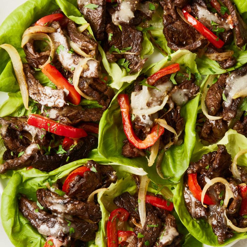 philly cheesesteak with cheese and peppers in lettuce wraps