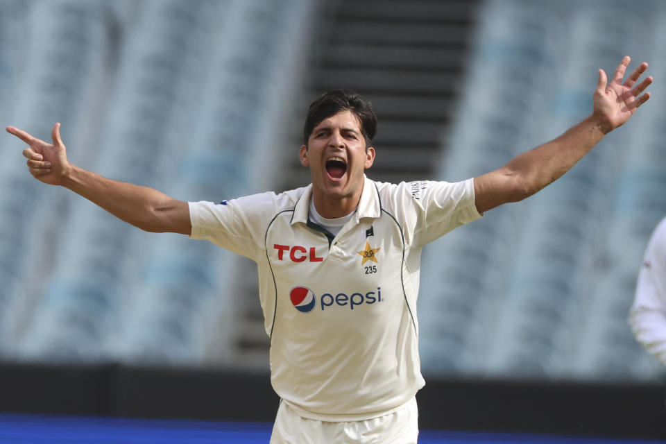 Pakistan's Mir Hamza appeals for a wicket against Australia during their cricket test match in Melbourne, Tuesday, Dec. 26, 2023. (AP Photo/Asanka Brendon Ratnayake)