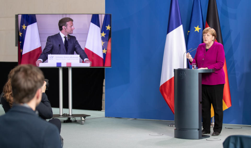 Bundeskanzlerin Merkel und der französische Präsident Macron haben ein gemeinsames Konzept für den Wiederaufbauplan vorgelegt. (Bild: Andreas Gora - Pool/Getty Images)