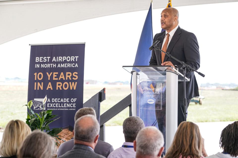 Congressman Andre Carson, speaks during a press conference announcing the first phase of the Indianapolis International Airport's $190 million runway construction project, on Wednesday, Aug. 10, 2022, at the Indianapolis International Airport in Indianapolis. 