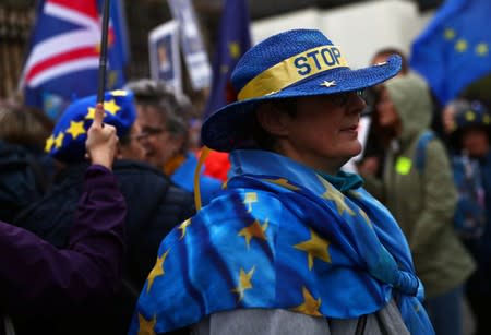 Anti-Brexit demonstrator is seen outside the Houses of Parliament in London