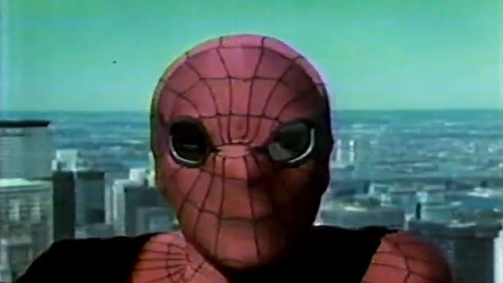 A close-up of Spider-Man's face in "Spider-Man: The Dragon's Challenge" (1981).