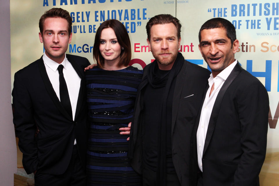 LONDON, ENGLAND - APRIL 10: (UK TABLOID NEWSPAPERS OUT) L-R Tom Mison, Emily Blunt, Ewan McGregor and Amr Waked attend the European premiere of Salmon Fishing In The Yemen at The Odeon Kensington on April 10, 2012 in London, England. (Photo by Fergus McDonald/Getty Images)