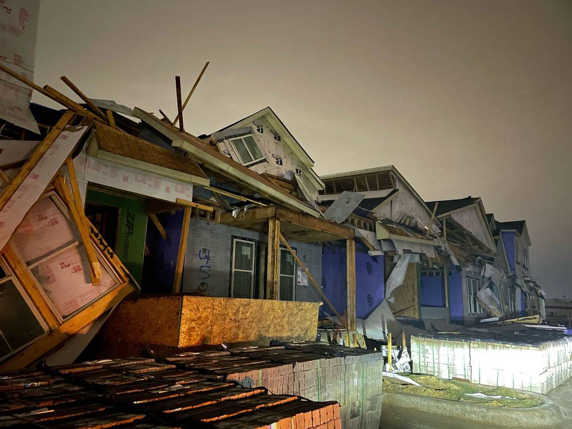 Some homes under construction were damaged by a storm Thursday, March 2, 2023, in North Richland Hills.