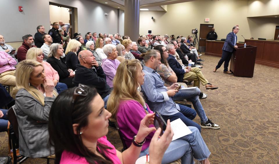 Northport residents filled the City Council Chamber for a public hearing at Northport City Hall on Feb. 19, 2024 on a proposed water park/beach resort development.