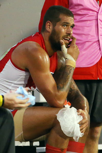 Sydney's Lance Franklin was subbed off with a knee injury