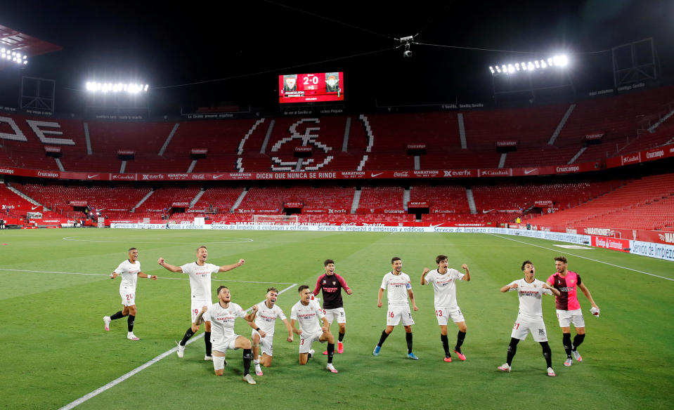 Sevilla beat Real Betis 2-0 in La Liga's return on Thursday after three months away due to the coronavirus pandemic. (REUTERS/Marcelo Del Pozo)