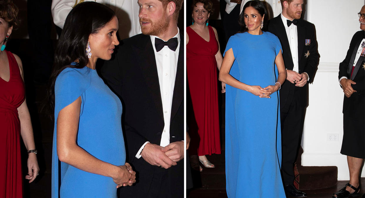 Meghan Markle’s blue dress showed off her growing baby bump. [Photo: Rex]