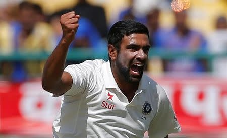 Cricket - India v Australia - Fourth Test cricket match - Himachal Pradesh Cricket Association Stadium, Dharamsala, India - 27/03/17 - India's Ravichandran Ashwin celebrates after dismissing Australia's Peter Handscomb. REUTERS/Adnan Abidi