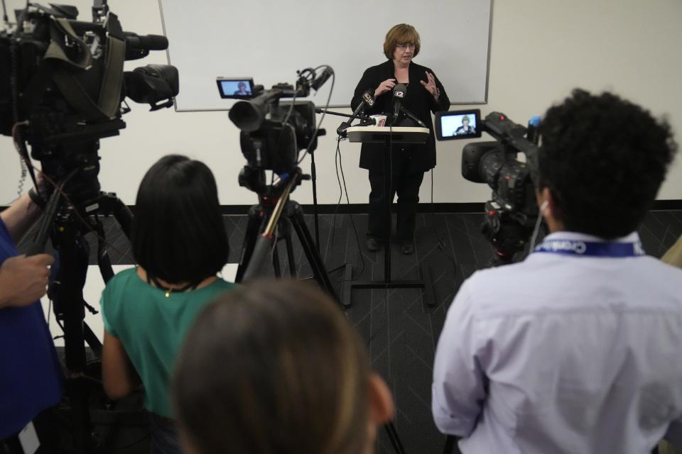 Maricopa County Attorney Rachel Mitchell answers reporters' questions on abortion laws in Maricopa County during a news conference on June 28, 2022.