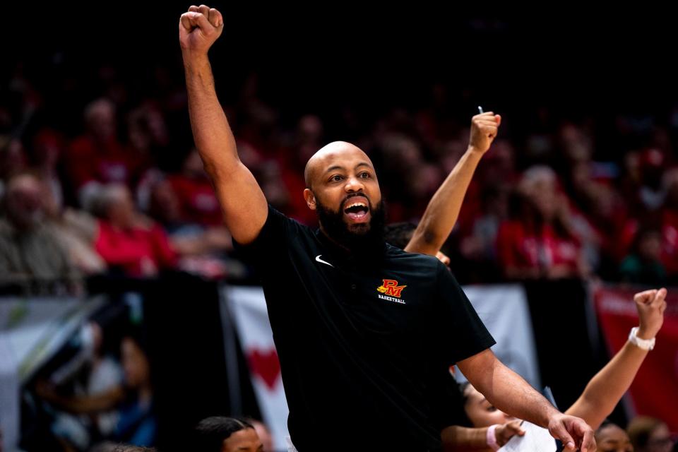 Purcell Marian head coach Jamar Mosley communicates with his team in the third quarter of the 2023 OHSAA Division II state championship win over Northwest.