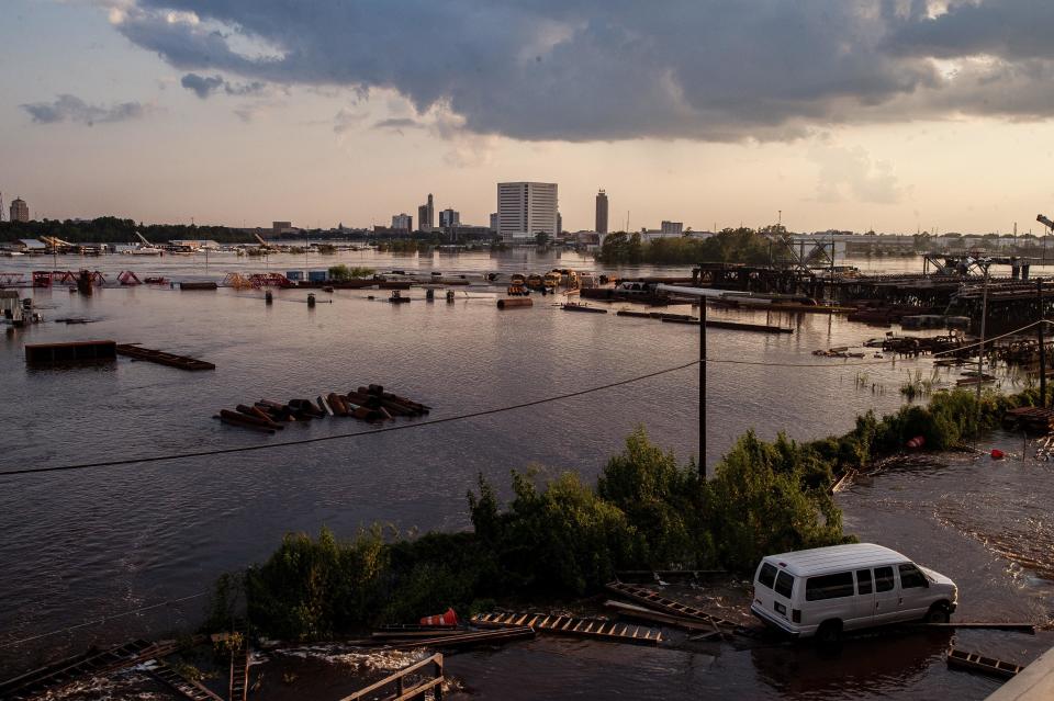 The view of Beaumont, Texas, as seen from I-10, looking over the city's flooding port.