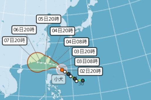 颱風小犬最新預測路徑出爐，氣象署發布海上警報。（圖：中央氣象署提供）