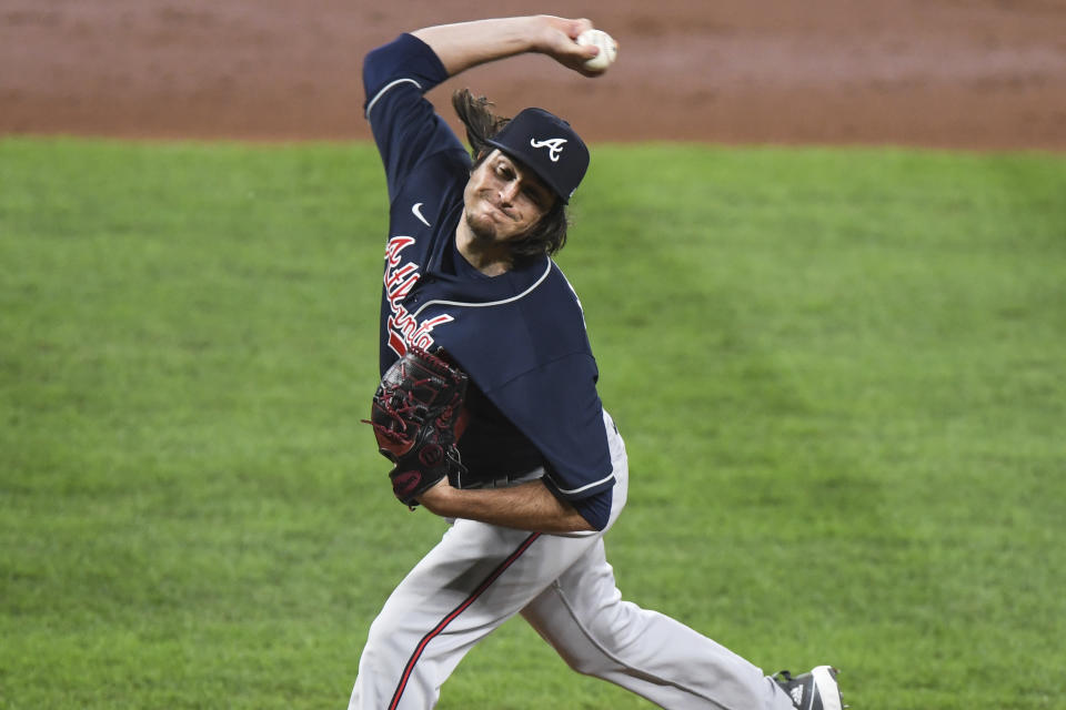 Atlanta Braves relief pitcher Luke Jackson delivers during the third inning of a baseball game against the Baltimore Orioles, Monday, Sept. 14, 2020, in Baltimore. (AP Photo/Terrance Williams)