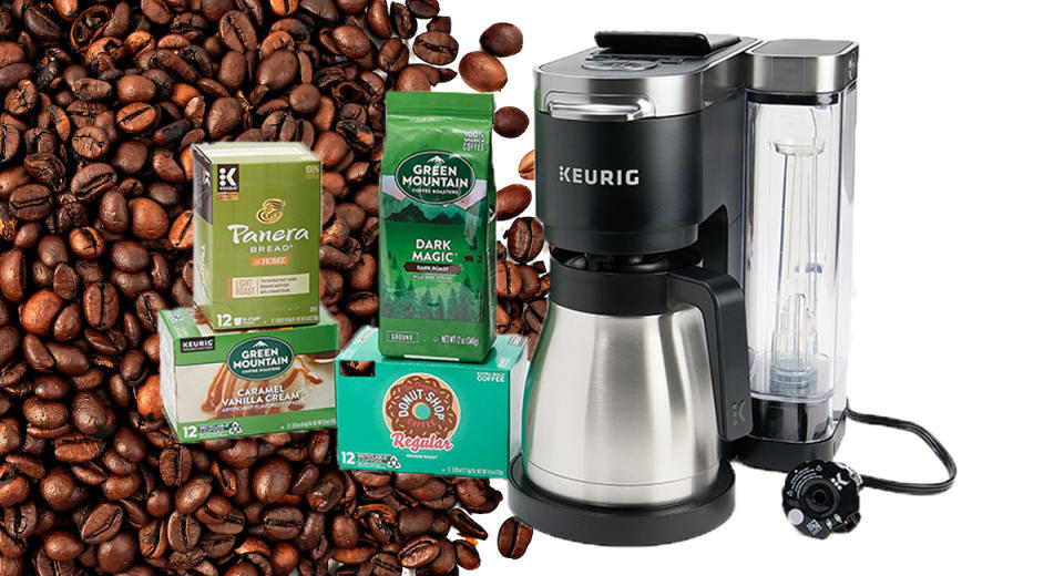 This Keurig K-Duo Plus Coffee Maker deal comes with 8 ounces of Green Mountain ground coffee and 36 K-Cup single-serve pods.