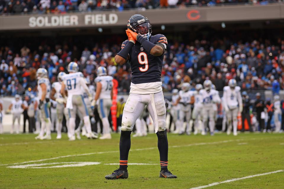 Jaquan Brisker of the Chicago Bears celebrates a defensive stop during the fourth quarter in the game against the Detroit Lions at Soldier Field on Dec. 10, 2023 in Chicago, Illinois.