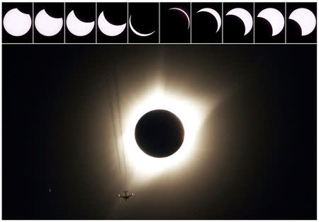 A combination of ten pictures shows the progression of a partial solar eclipse near as a jet plane flies by the total solar eclipse in Guernsey, Wyoming U.S., August 21, 2017. REUTERS/Rick Wilking