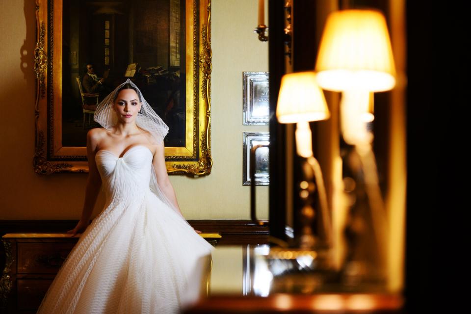 A pre-ceremony bridal portrait of Katharine McPhee in her custom Zac Posen wedding dress.