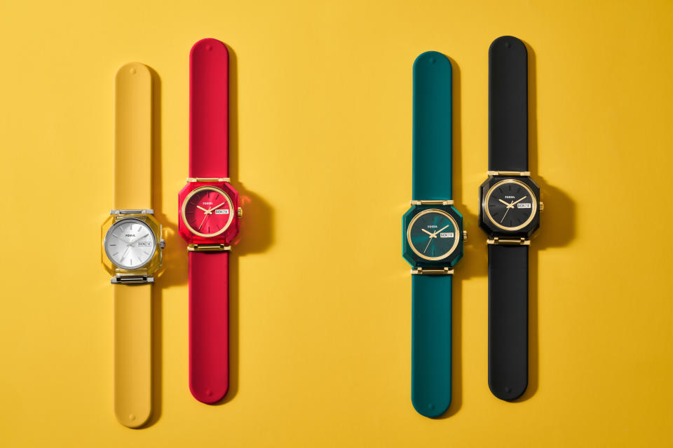 four fossil watches in red, green, yellow and black redone as a slap wrap