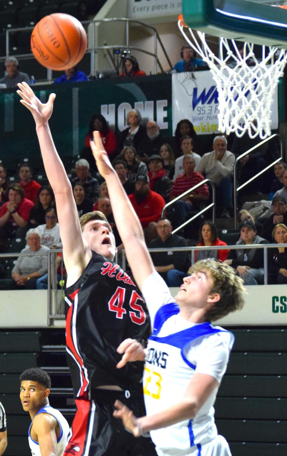 Alex Yoder goes up strong for two of his team-high 20 points in Hiland's scintillating 52-50 triumph over Northside Christian to advance to the Final Four.