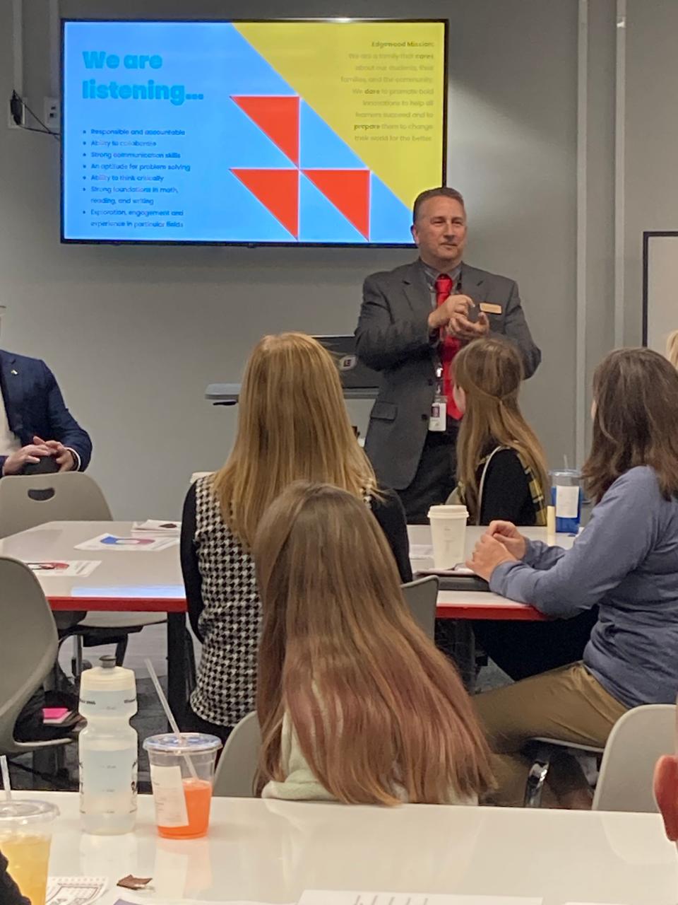 Richland-Bean Blossom Superintendent Jerry Sanders talks to business leaders, students and state lawmakers during a Edgewood Business Leaders’ Advisory Team Luncheon Wednesday, March 27, 2024.