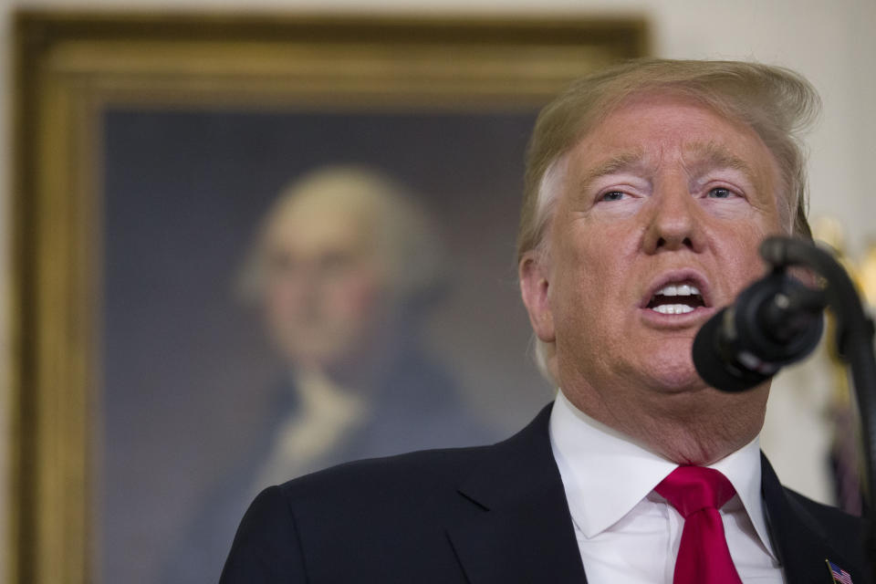 <p> President Donald Trump speaks about the partial government shutdown, immigration and border security in the Diplomatic Reception Room of the White House, in Washington, Saturday, Jan. 19, 2019.(AP Photo/Alex Brandon) </p>