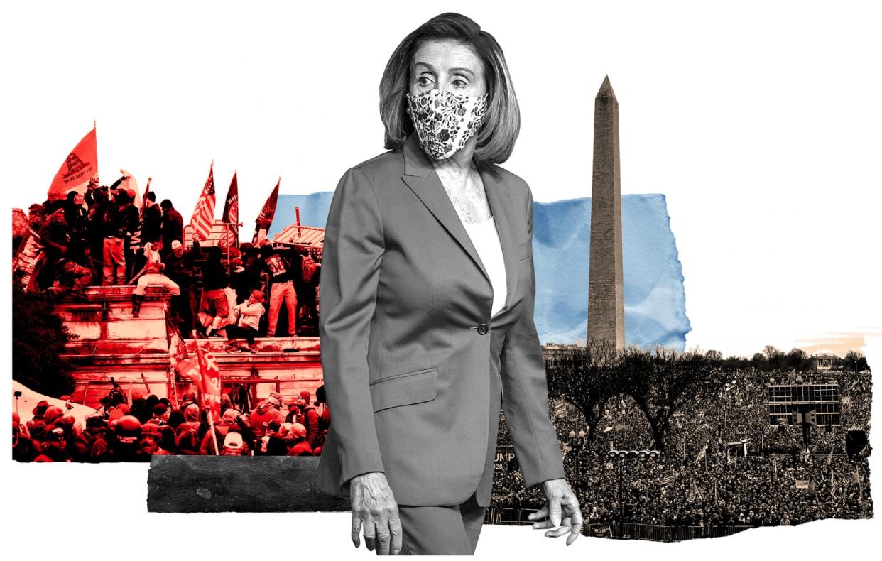 Photo collage illustration of Nancy Pelosi and insurrectionists on Jan. 6th.