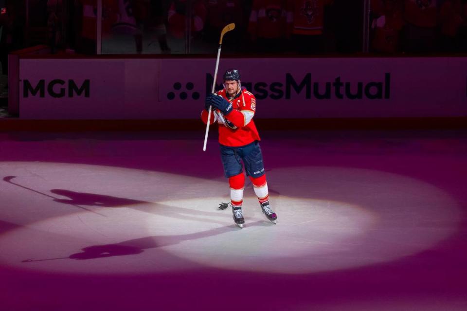 Florida Panthers center Aleksander Barkov (16) skates after he’s honored as the first star of the game after their 6-1 win over the Boston Bruins in Game 2 of the second-round series of the Stanley Cup Playoffs at Amerant Bank Arena on Wednesday, May 8, 2024, in Sunrise, Fla.