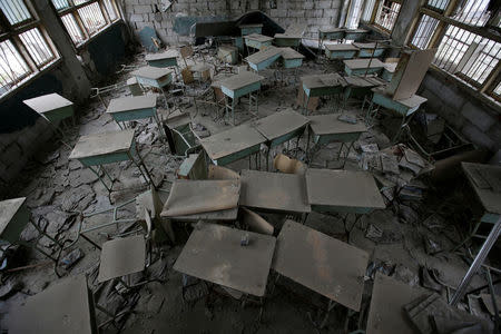 Desks stand in the classroom of Beichuan Vocational Education Centre destroyed in the 2008 Sichuan earthquake in the city of Beichuan, Sichuan province, China, April 6, 2018. REUTERS/Jason Lee