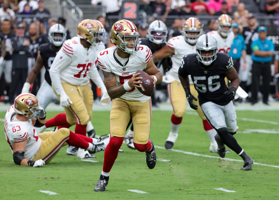 Trey Lance is entering his third season in the NFL after the 49ers drafted him No. 3 overall. His performance in Sunday's preseason game wasn't promising. (Photo by Ethan Miller/Getty Images)